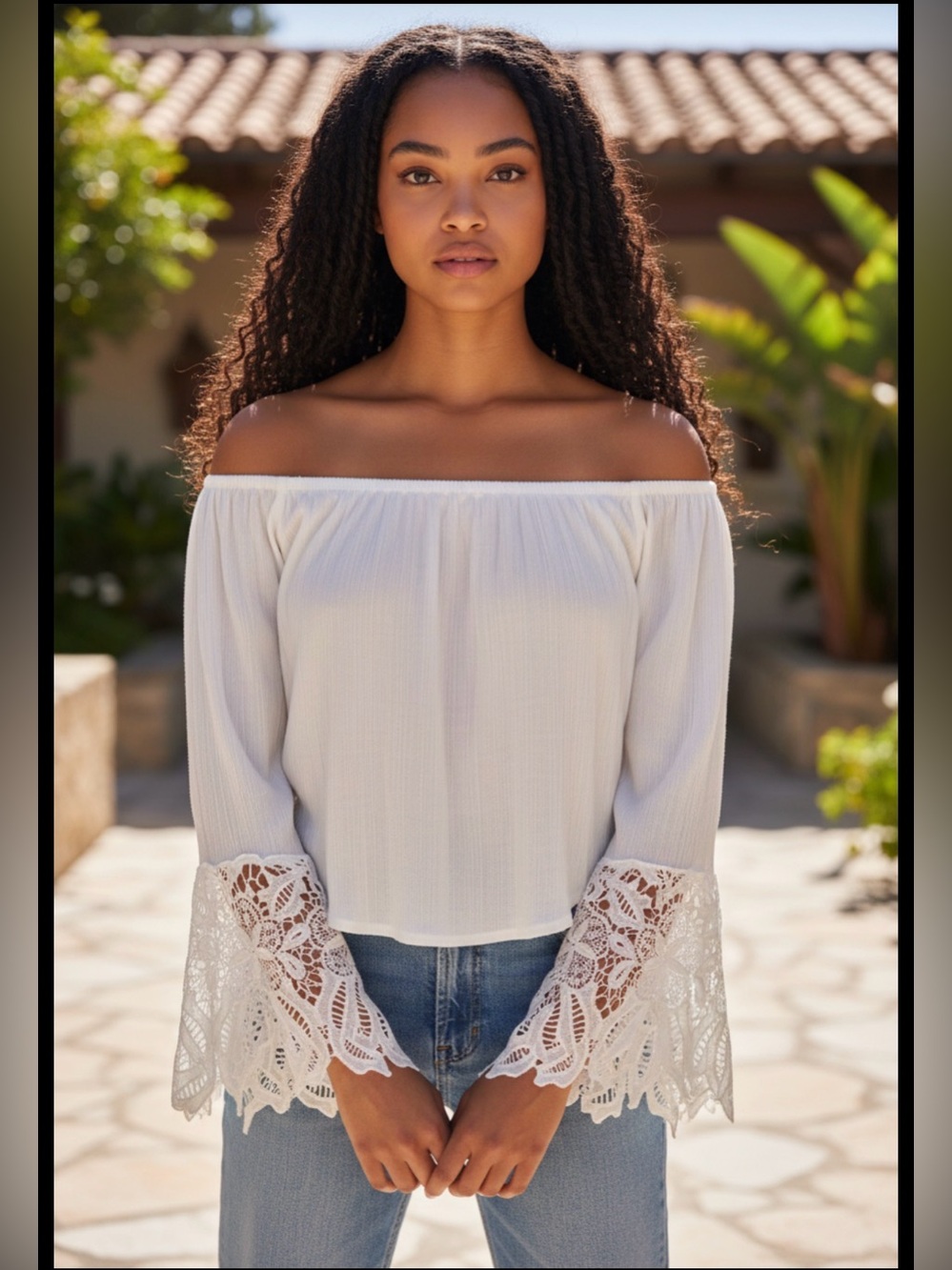 Ambience Women's Small Ivory Peasant Sheer Top Lace Sleeve Boho Coquette Y2K